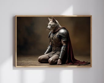 Pôster de personagem de fantasia com IA | Cavaleiro Gato Guerreiro | Arte de parede | Download instantâneo