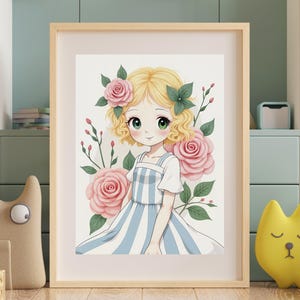 Cartoon AI Poster | Young Girl With Curly Blonde Hair Adorned With Pink Roses | Wall Art | Instant Download