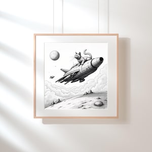 Cartoon AI Poster | A Cat Over a Spaceship | Wall Art | Instant Download
