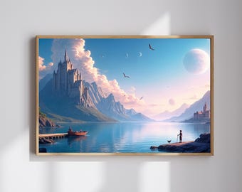 Landscape AI Poster | Ethereal Background on Planet with clear Skies | Wall Art | Instant Download