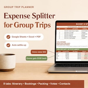 May include: A digital group trip planner displayed on a laptop screen, featuring an expense splitter spreadsheet with budget, cost, and settle-up summary tables. Text includes Group Trip Planner, Expense Splitter for Group Trips, Google Sheets + Excel + PDF, Auto settle-up, Anna owes $42, Emma gets $320 back, and 8 tabs: Itinerary, Bookings, Packing, Votes, Contacts.
