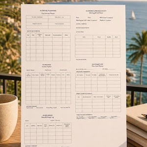 May include: A white paper planner sheet featuring five distinct sections: 01 Travel Planning, 02 Work & Productivity, 03 Finance, 04 Nomad Life, and 05 Wellbeing. The layout includes various tables, grids, and headers for tracking tasks, income, time zones, and daily habits.