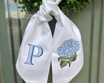 Wreath Sash with Blue Hydrangea | Monogrammed Door Hanger | Elegant Southern Wreath Bow |  Door Decor
