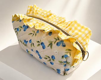 Blueberry Bliss Ruffled Makeup Pouch - Handmade Quilted Cosmetic Bag with Zipper and Ruffle