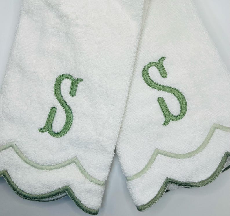 Elegant Monogrammed Scalloped Edge Hand Towels - Set of 2