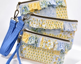 Ruffled Quilted Phone Wristlet - Handmade Zipper Pouch - Key Clutch