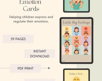Könnte beinhalten: Digitale Emotionskarten für Kinder, die verschiedene Gefühle wie Freude, Traurigkeit und Wut darstellen. Die Karten sollen Kindern helfen, ihre Emotionen auszudrücken und zu regulieren. Das Bild enthält den Text "Emotion Cards" und "Little Big Feelings".