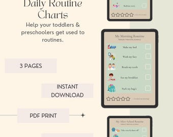 Op de afbeelding: Dagelijkse Routine Charts voor peuters en kleuters. De afbeelding toont drie digitale kaarten met ochtend-, bedtijd- en naschoolse routines. De kaarten bevatten checklists en illustraties. De tekst bevat "Direct downloaden" en "PDF afdrukken".