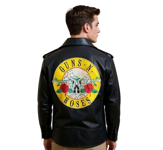ジャケット・アウター 2016 Guns N Roses Leather Jacket Black L Handmade Guns N Roses Black Motorcycle Leather Jacket for Men