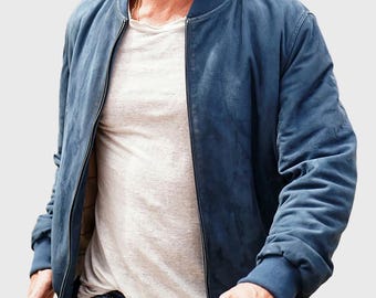 Chaqueta de ante azul Brad hecha a mano para hombre / Chaqueta bomber de cuero F para hombre, estilo Pitt 1, de ante genuino