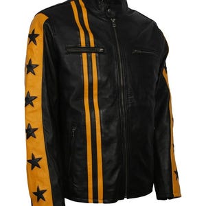 Handmade Black & Yellow Leather Motorcycle Jacket Vintage Biker Style Mens Jacket| Casual Outerwear