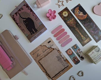 El set de papelería rosa para amantes de los libros: Set para escribir en un diario con bolígrafo, marcadores y marcapáginas.
