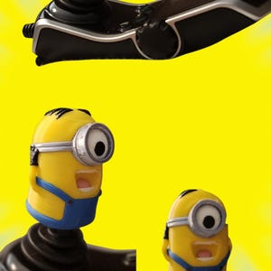 May include: A yellow Minion figure with a blue bib and silver goggles is attached to a black joystick. The background is a bright yellow with a radial pattern. The image shows the Minion from different angles.