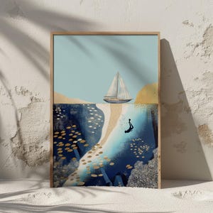 Sailboat Wall Art, Coastal Print, Scuba Diver Poster, Summer Poster, Reef Printable Poster, Beach Lover Gift, Beach Wall Art, Home Decor