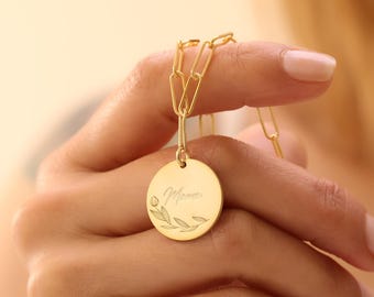 Collar personalizado con disco grabado floral: plata de ley, oro y oro rosa