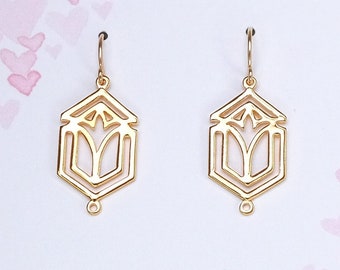 Art Deco Earrings 24K Gold Plate Dangle Earrings Art Nouveau Geometric Delicate Window Chandelier Great Gatsby Earrings 1920s 1930s Bridal