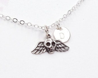 Tiny Winged Skull Necklace in Sterling Silver, Personalized Dainty Skull Necklace Dainty Halloween, Memorial Loss Remembrance Mortality Gift