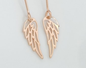 Tiny Rose Gold Angel Wing Dangle Earrings Dainty Wing Earrings Feather Jewelry Best Friend Sister Mother Gift Memorial Gift Protection