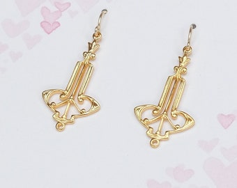 Art Deco Earrings Shiny 24K Gold Plate Dangle Earrings Art Nouveau Geometric Delicate Lightweight Chandelier Great Gatsby Earrings 1920 1930