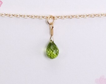 Sparkling Peridot Necklace - August Birthstone Necklace - Hand Wrapped Natural Peridot Teardrop Necklace - August Birthday Gift Green Stone
