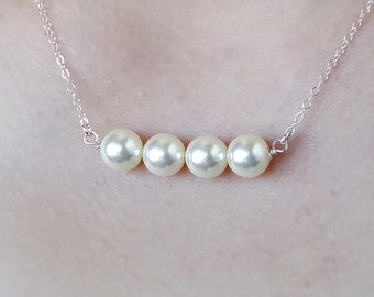 Four Pearls Necklace 40th birthday gift for her, Cream White Pearl Necklace in Sterling Silver,  8.5mm pearl, Simple Everyday Pearl Necklace