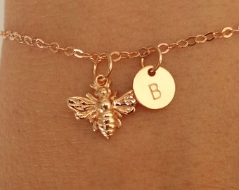 Bee bracelet, personalized rose gold bee jewelry, bumble bee chain initial disc bracelet, bee gifts, bee jewelry, best friend gift,