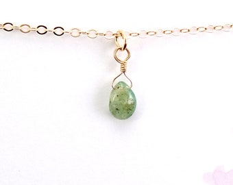 May Birthstone Necklace - Beautiful Natural Emerald Gemstone Necklace - Everyday Necklace - Tiny Green Teardrop Zambian Emerald Gold Filled