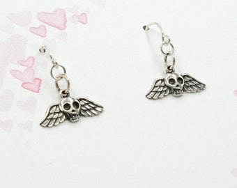 Sterling Silver Winged Skull Earrings, Dainty, Mortality Death Loss Freedom Earrings, Halloween Jewelry, Gothic Earrings Memorial