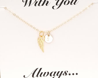Personalized Angel Wing Memorial Necklace, Sterling Silver Keepsake, Sympathy Gift for Loss of Loved One, Initial Necklace