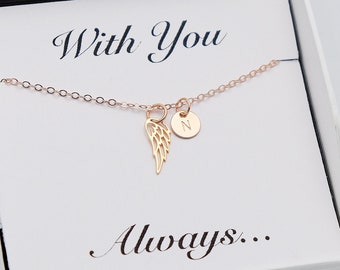 Memorial Rose Gold Angel Wing Necklace • Dainty Initial Disc • Baby Loss Personalized Memorial Gift • Sympathy Gift • With You Always