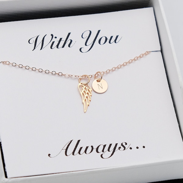 Memorial Rose Gold Angel Wing Necklace • Dainty Initial Disc • Personalized Memorial Gift • Remembering A Loved One Adult or Child