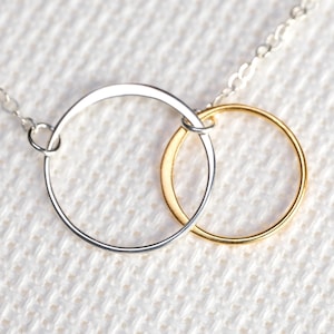Circle Necklace, Half Hammered Silver and Gold Circle Necklace, Mixed Metal Circle Necklace, Minimalist, Eternal Circles Necklace, Everyday