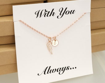 Memorial Rose Gold Angel Wing Necklace • Dainty Initial Disc • Personalized Memorial Gift • Remembering A Loved One Adult or Child