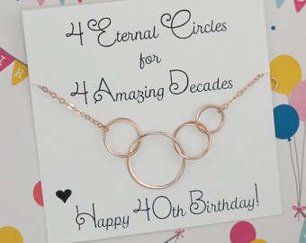 40th Birthday Gifts for Women - Rose Gold Necklace - Four Circle Necklace Linked 40th Anniversary Gift 4 Sisters Gift 4 Best Friend Necklace