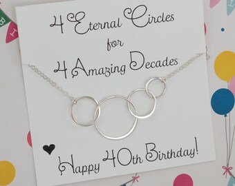 40th Birthday Gifts for Women Jewelry •  4 Circle Necklace • Silver Gold Rose Gold • Interlocking Circle Necklace