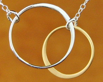 SILVER AND GOLD Circles Pendant on Silver Chain Large, wedding necklace, bridesmaids gift, circle necklace