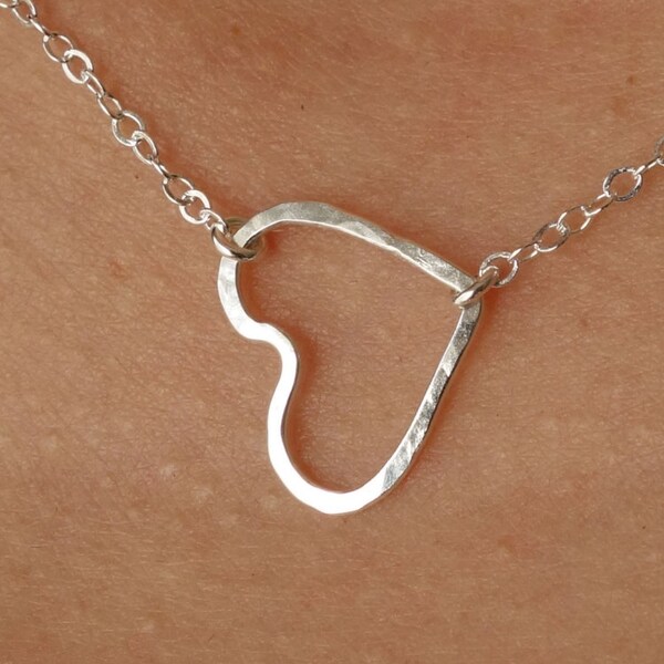 Birthday gifts for girlfriend  Silver Heart Necklace heart charm fine silver small heart necklace sideways heart necklace,hammered heart