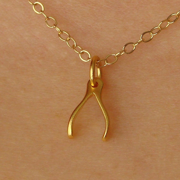 Tiny Gold Wishbone Necklace, Wishbone Necklace on Gold Filled Chain, Lucky Wishbone Charm, Dainty Gold Wishbone