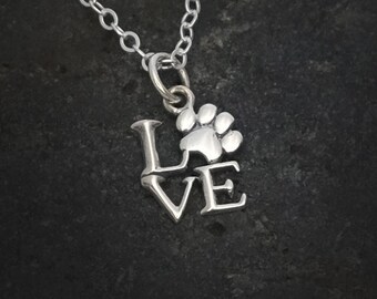 Silver Love Charm with Paw Print Necklace Adjustable Necklace Dainty Dog Cat Mom Gifts Pet Gift  Cat Animal Dog Lover Lover Letter Charm