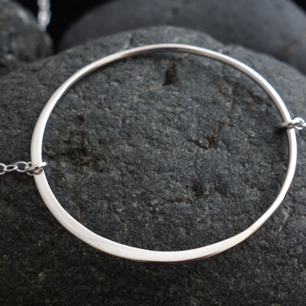 Half Hammered Circle Necklace in Solid Sterling Silver, Large Circle Necklace, Eternal Circle Necklace