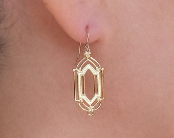 Art Deco Earrings Shiny 24K Gold Plate Dangle Earrings Art Nouveau Geometric Delicate Window Chandelier Great Gatsby Earrings 1920s 1930s