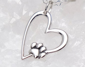 Collier coeur en argent sterling avec empreintes de pattes - Cadeau pour amoureux des animaux