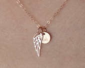 Memorial Rose Gold Angel Wing Necklace Dainty Initial Disc Personalized Memorial Gift Remembering A Loved One Adult or Child