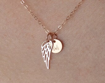 Rose Gold Angel Wing Necklace • Dainty Initial Disc • Personalized Memorial Gift Child • Remembering A Loved One