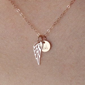 Rose Gold Angel Wing Necklace • Dainty Initial Disc • Personalized Memorial Gift Child • Remembering A Loved One