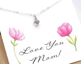 Sterling Silver Acorn Necklace for Mom, Tiny Acorn Necklace with Love You Mom Card Nature  Lover Birthday Gift