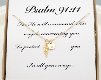 Personalized Angel Wing Necklace Psalm 91:11 Christian Jewelry Protection Faith Bible Verse Confirmation First Communion Gift Back To School