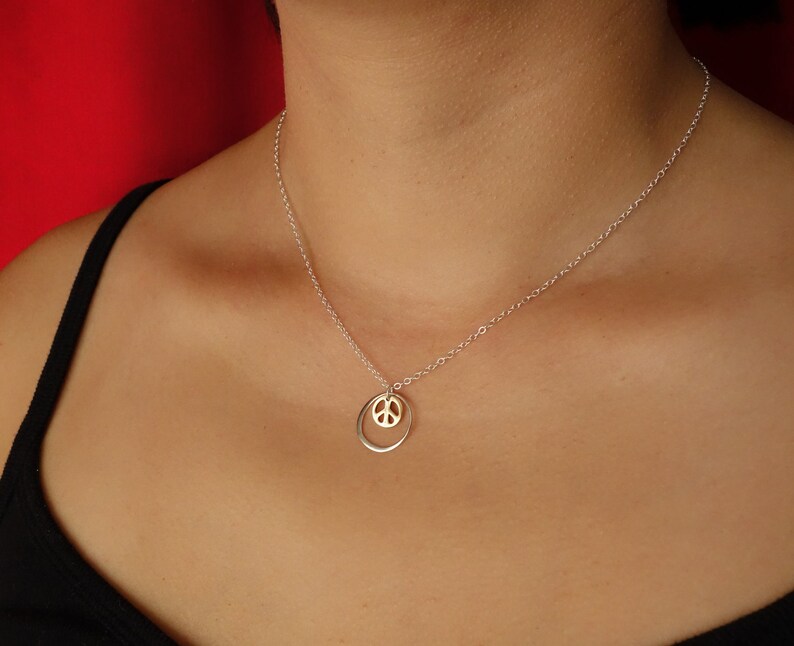 Peace Sign Necklace, Yoga Jewelry, Hammered Silver Circle, Bronze Peace Sign, Gift for Her, Spiritual Gift, Eternal Circle, Inspirational image 3