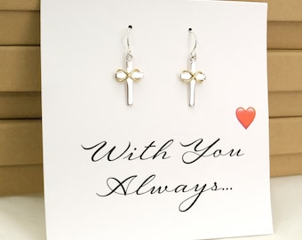 Dainty Sterling Silver Cross with Bronze Infinity Drop Earrings, Christian Earrings, First Communion Confirmation Gift, With You Always