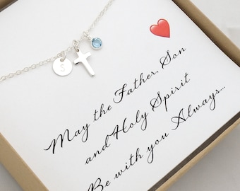 Personalized Sterling Silver Cross Bracelet Tiny Initial Disc Birthstone Christian Bracelet for Women First Communion Confirmation Gift